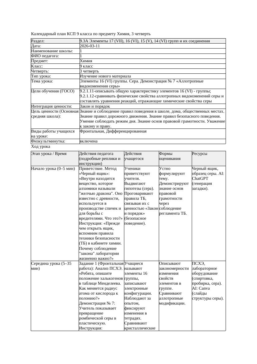 КСП Химия 9класс 3 четверть Элементы 16 VI группы Сера Демонстрация