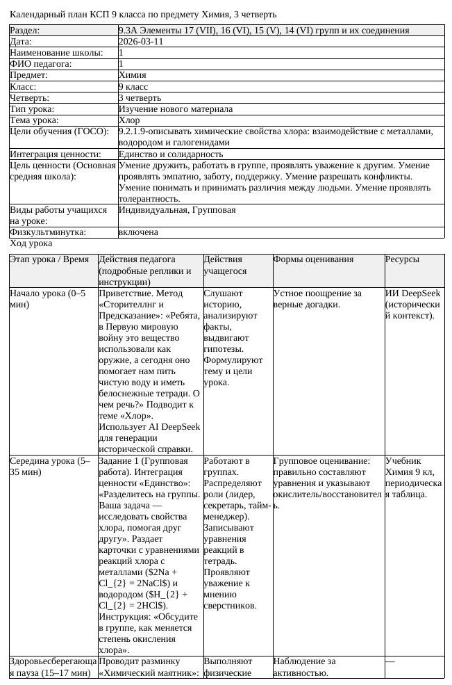 КСП Химия 9класс 3 четверть Хлор 20260311 docx