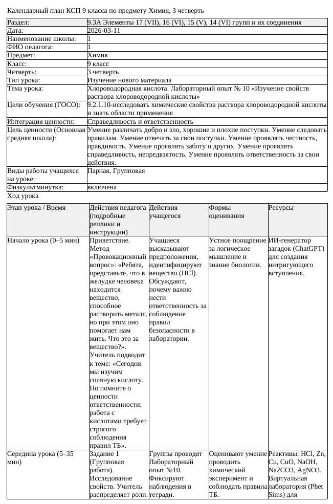 КСП Химия 9класс 3 четверть Хлороводородная кислота Лабораторный