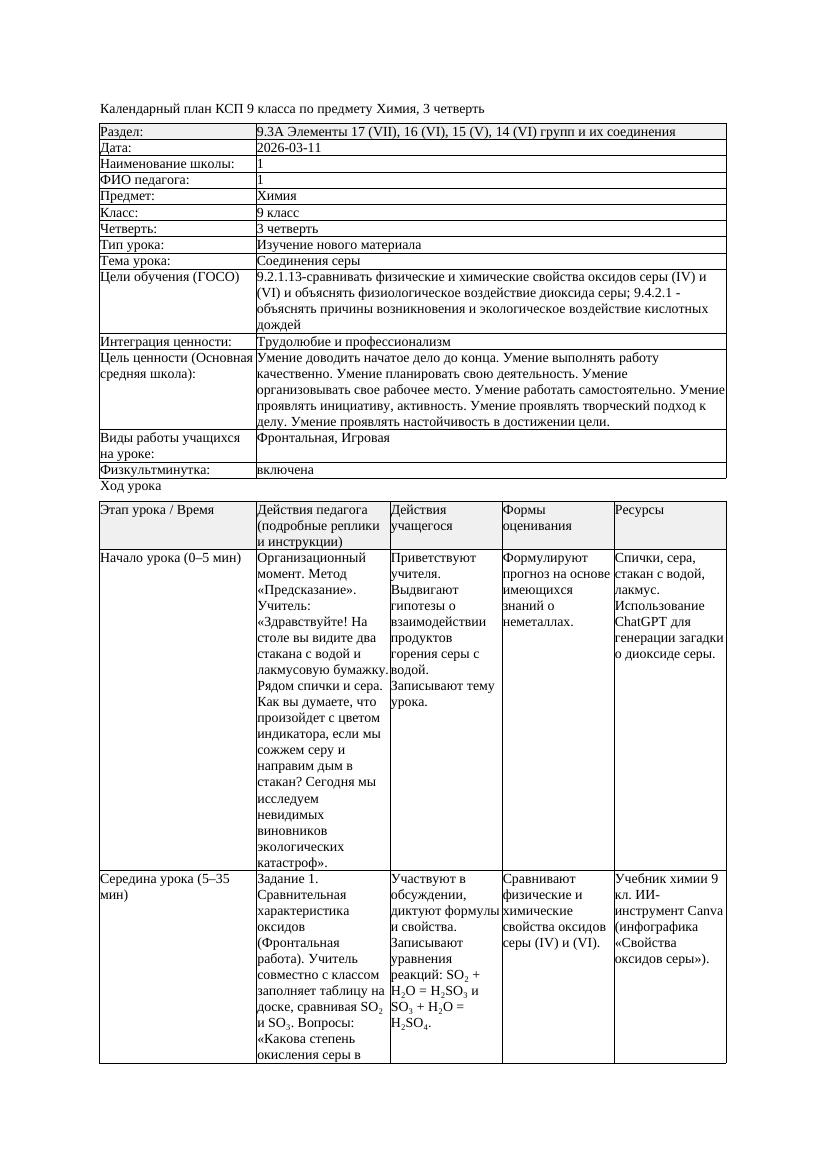 КСП Химия 9класс 3 четверть Соединения серы 20260311 docx