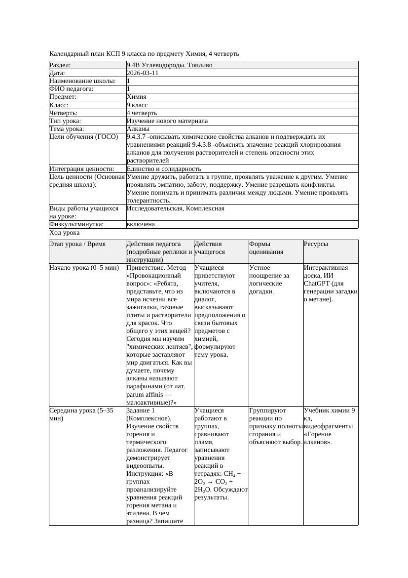 КСП Химия 9класс 4 четверть Алканы 20260311 docx