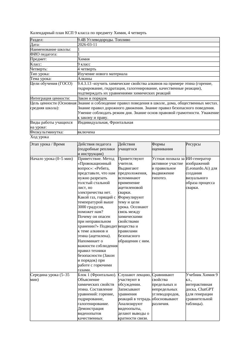 КСП Химия 9класс 4 четверть Алкины 20260311 docx