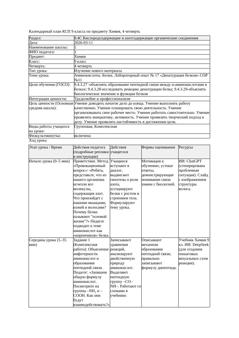КСП Химия 9класс 4 четверть Аминокислоты Белки Лабораторный опыт
