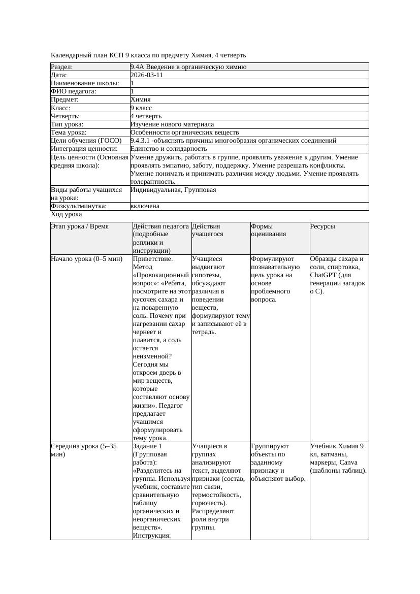 КСП Химия 9класс 4 четверть Особенности органических веществ 20260311
