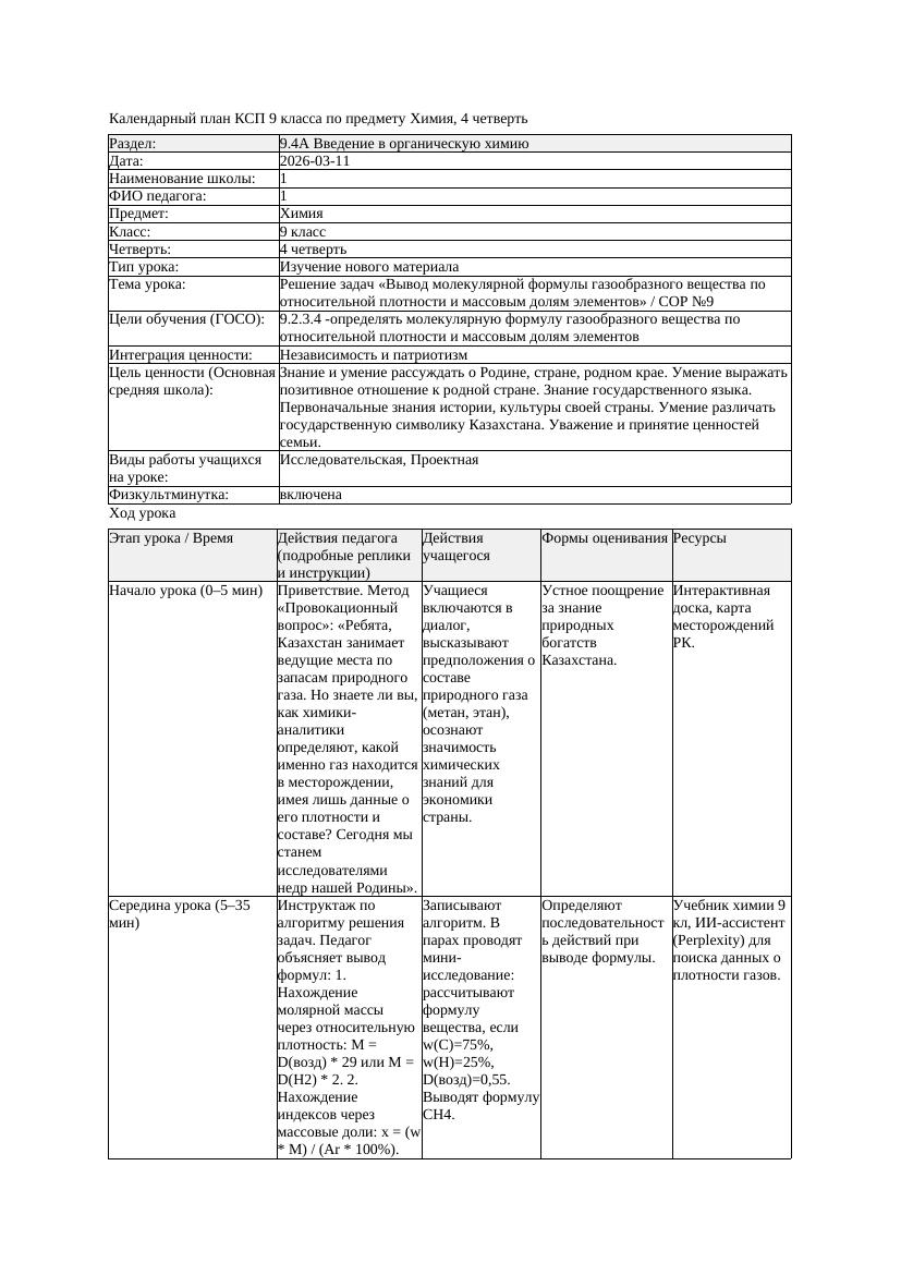 КСП Химия 9класс 4 четверть Решение задач Вывод молекулярной формулы