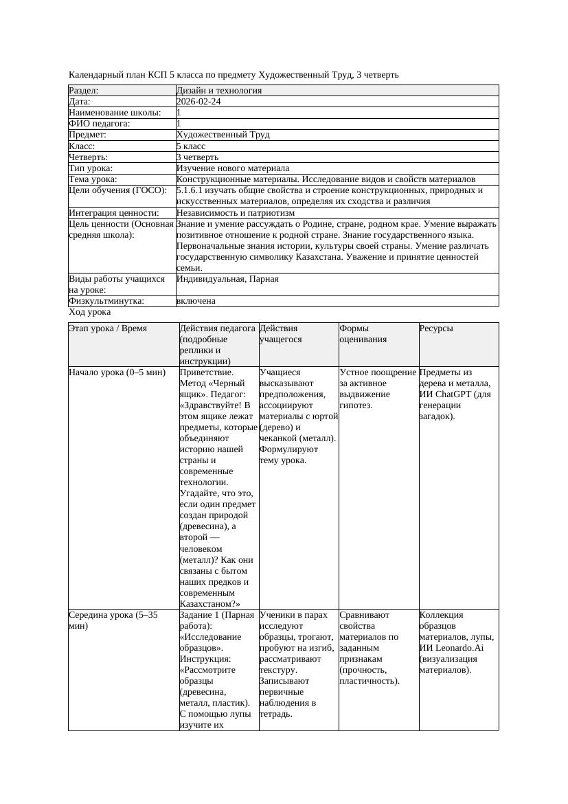 КСП Художественный Труд 5класс 3 четверть Конструкционные материалы