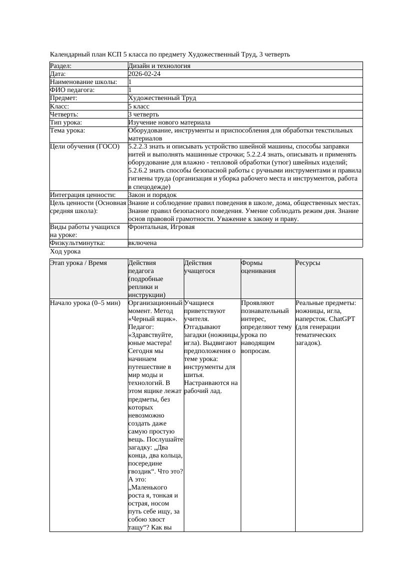 КСП Художественный Труд 5класс 3 четверть Оборудование инструменты