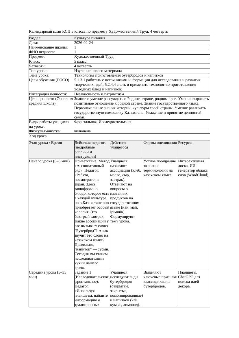 КСП Художественный Труд 5класс 4 четверть Технология приготовления