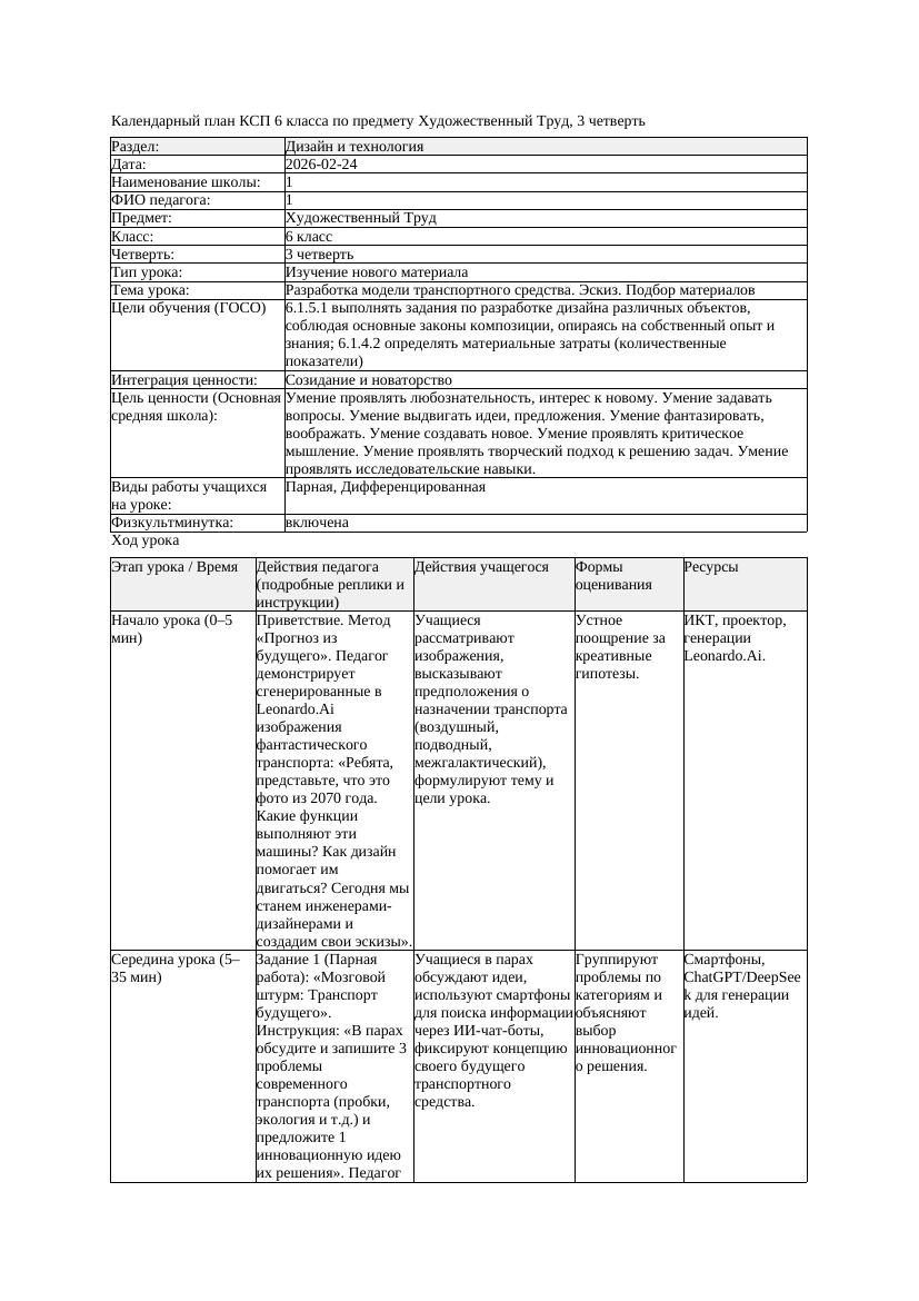 КСП Художественный Труд 6класс 3 четверть Разработка модели транспортного