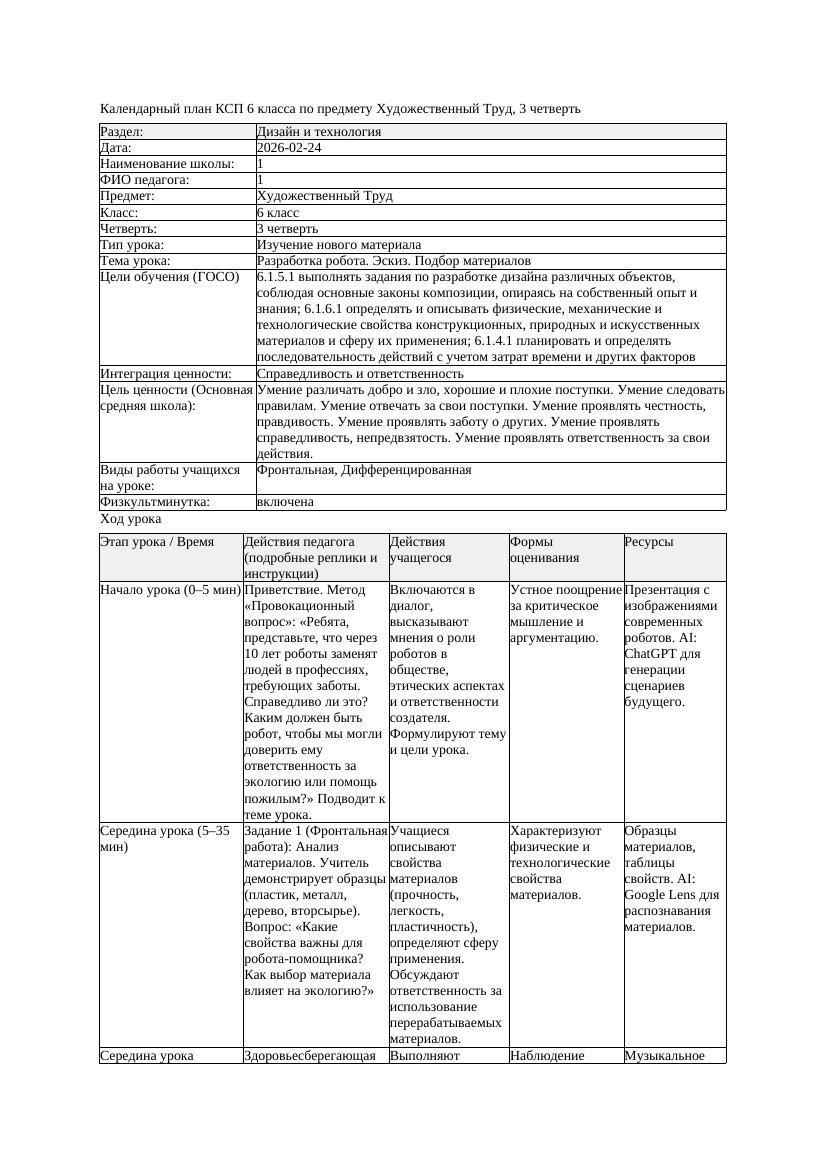 КСП Художественный Труд 6класс 3 четверть Разработка робота Эскиз