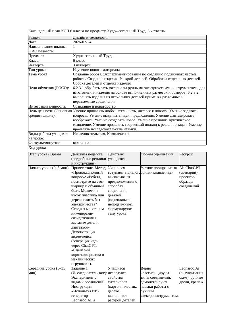 КСП Художественный Труд 6класс 3 четверть Создание робота Экспериментирован