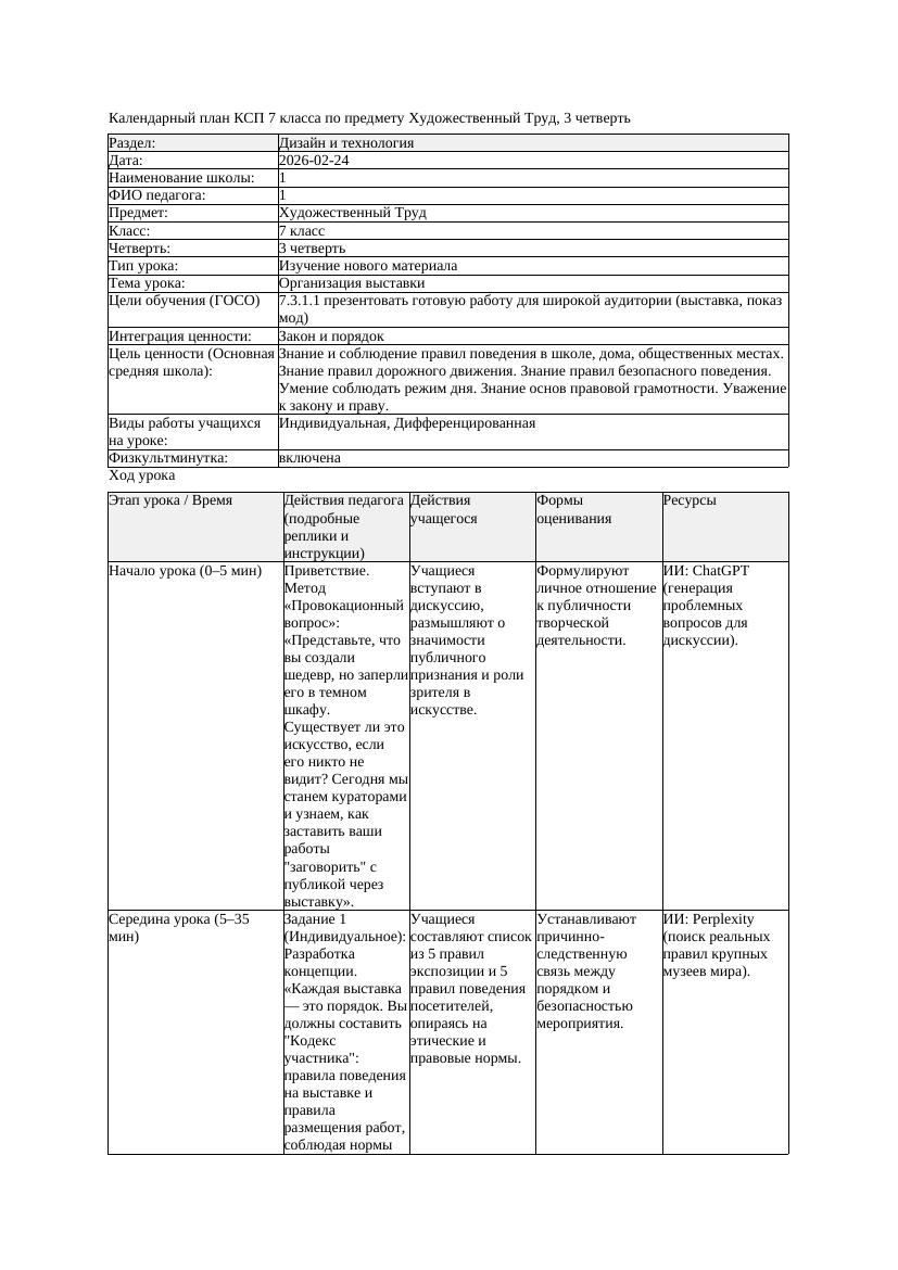 КСП Художественный Труд 7класс 3 четверть Организация выставки 20260224