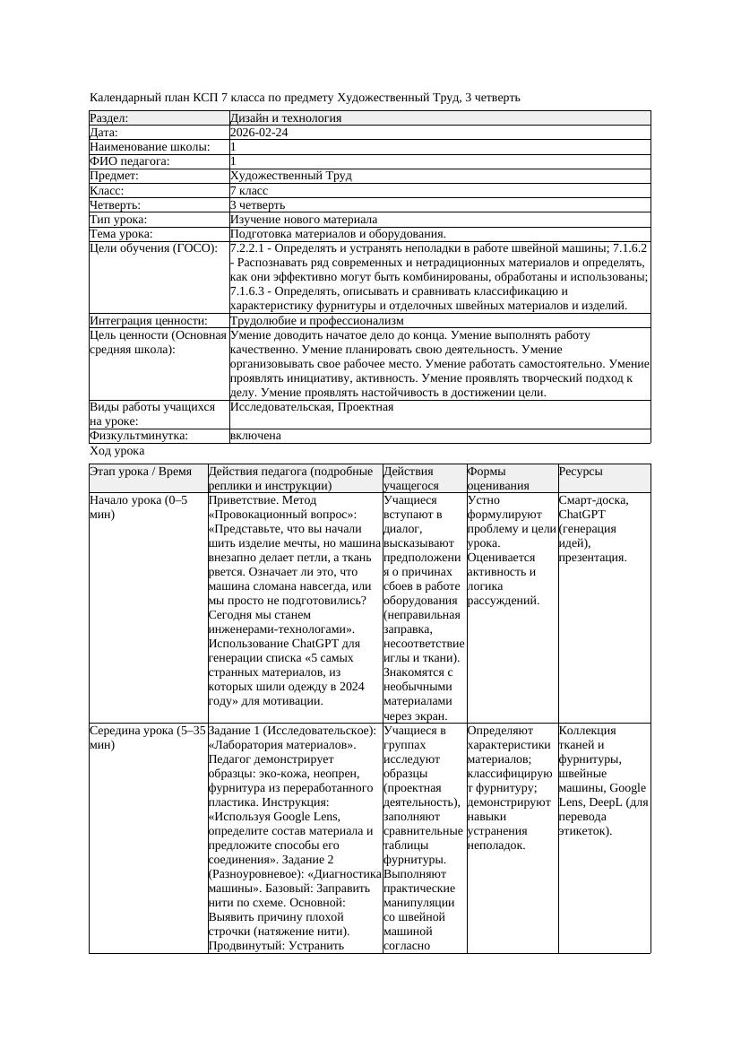 КСП Художественный Труд 7класс 3 четверть Подготовка материалов