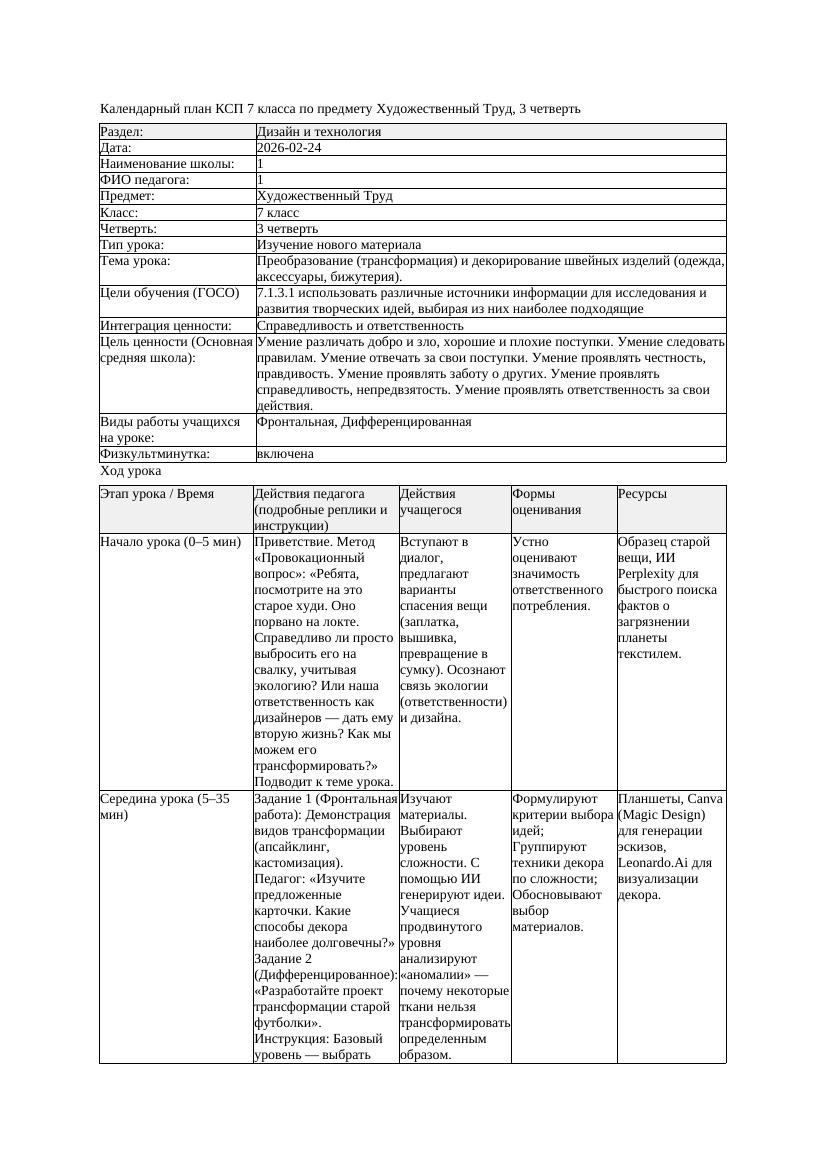 КСП Художественный Труд 7класс 3 четверть Преобразование трансформация