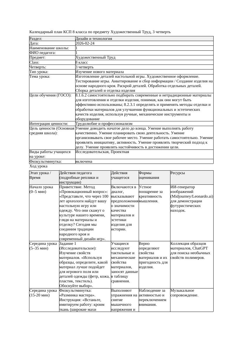 КСП Художественный Труд 8класс 3 четверть Изготовление деталей настольной