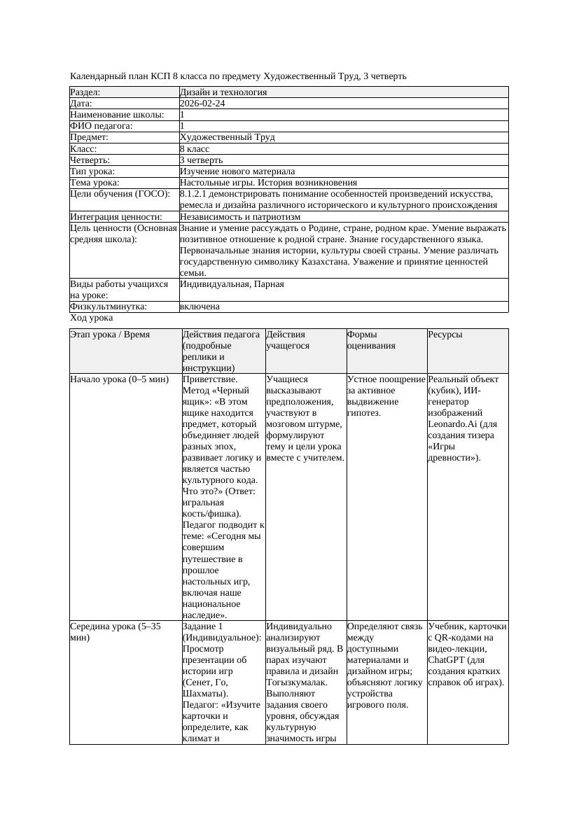 КСП Художественный Труд 8класс 3 четверть Настольные игры История