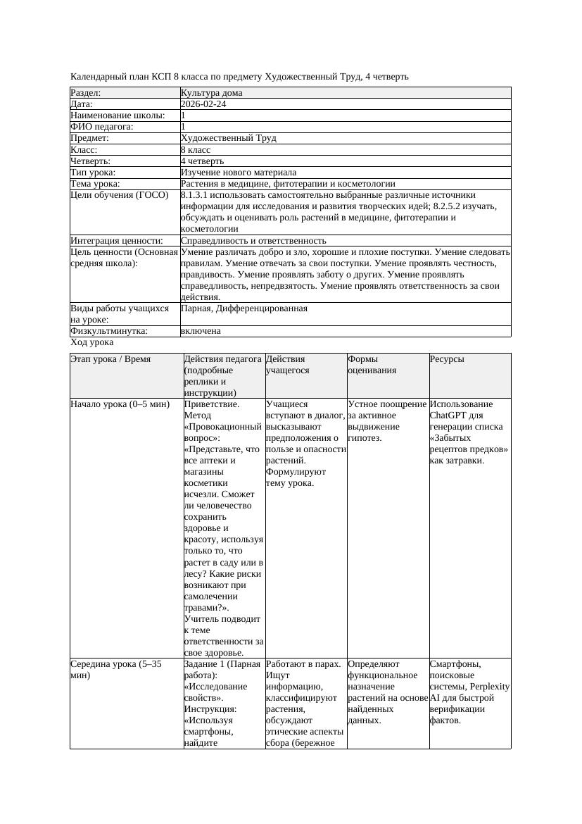КСП Художественный Труд 8класс 4 четверть Растения в медицине фитотерапии