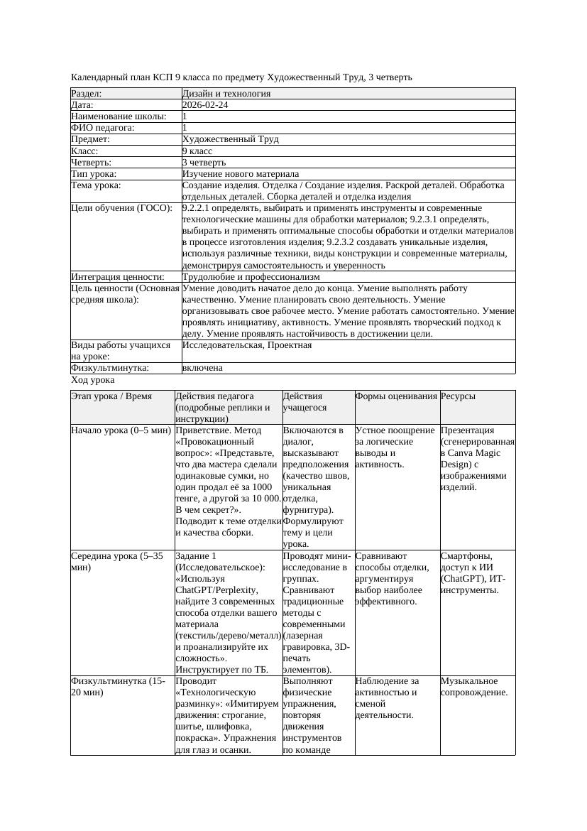 КСП Художественный Труд 9класс 3 четверть Создание изделия Отделка