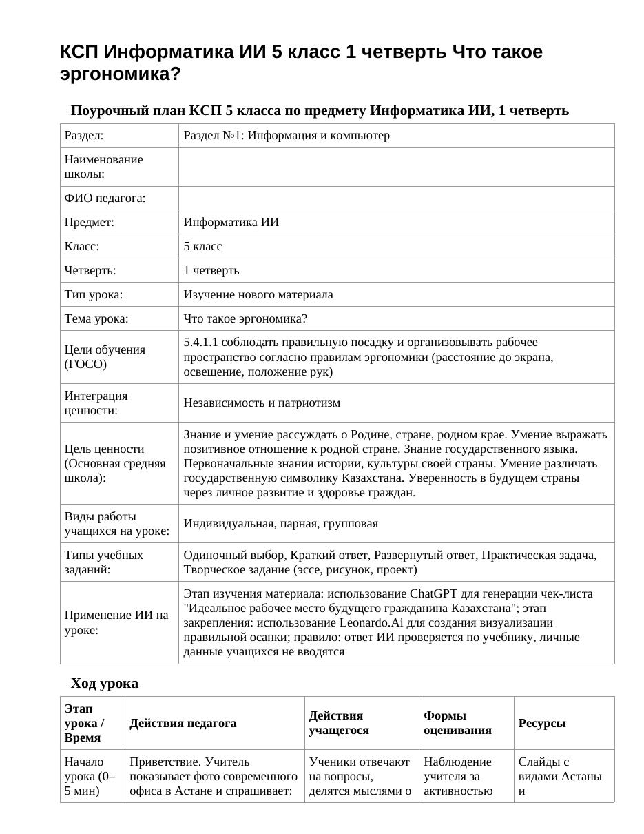 КСП Информатика ИИ 5 класс 1 четверть Что такое эргономика?