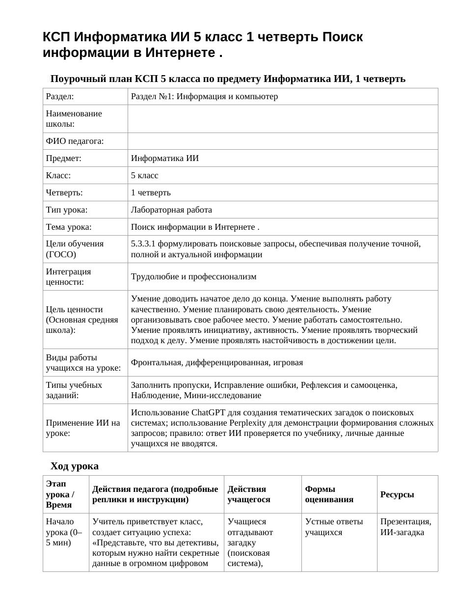 КСП Информатика ИИ 5 класс 1 четверть Поиск информации в Интернете .