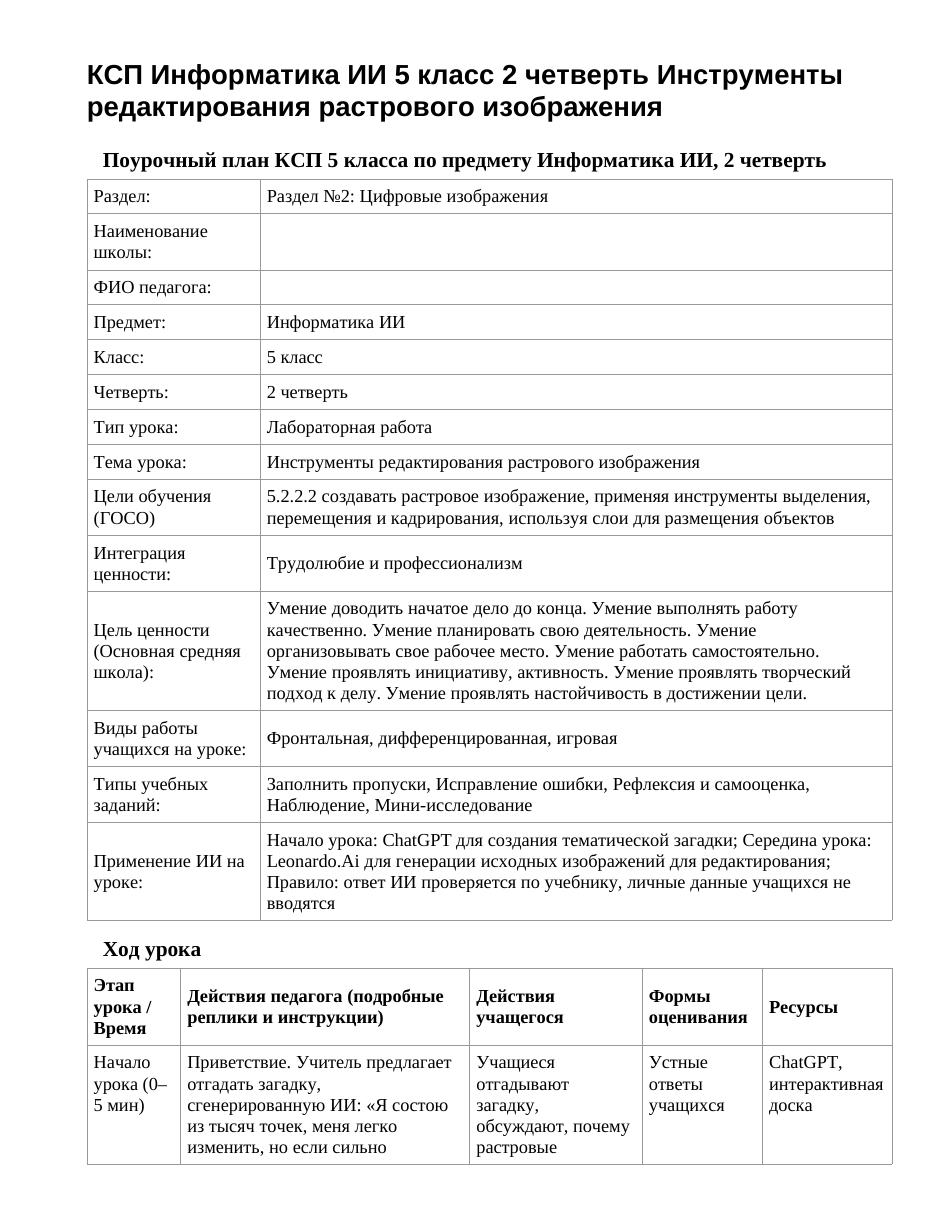 КСП Информатика ИИ 5 класс 2 четверть Инструменты редактирования растрового изображения