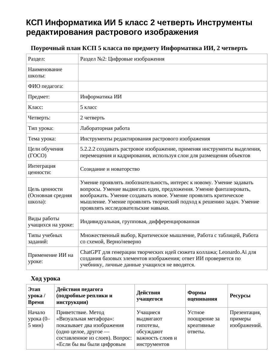 КСП Информатика ИИ 5 класс 2 четверть Инструменты редактирования растрового изображения