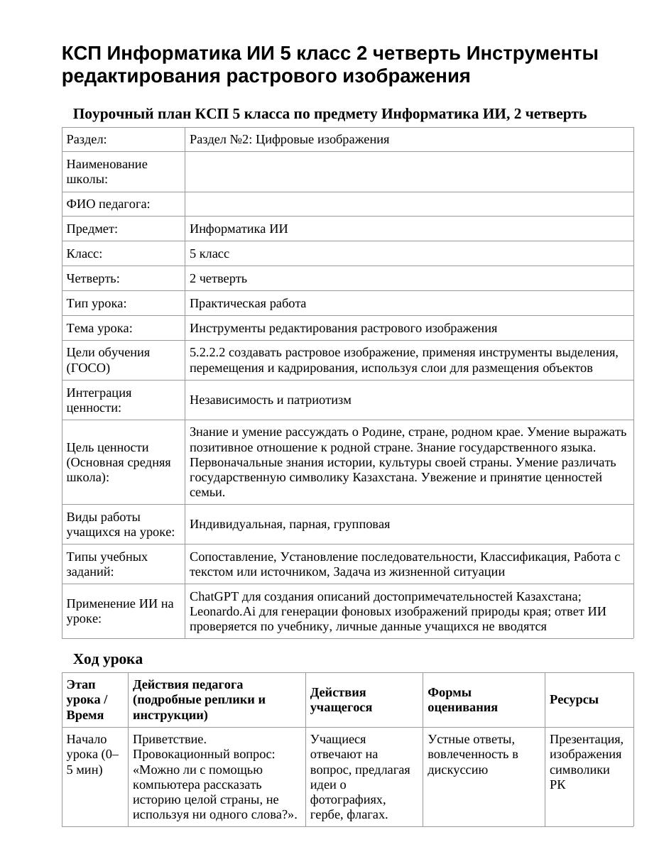 КСП Информатика ИИ 5 класс 2 четверть Инструменты редактирования растрового изображения