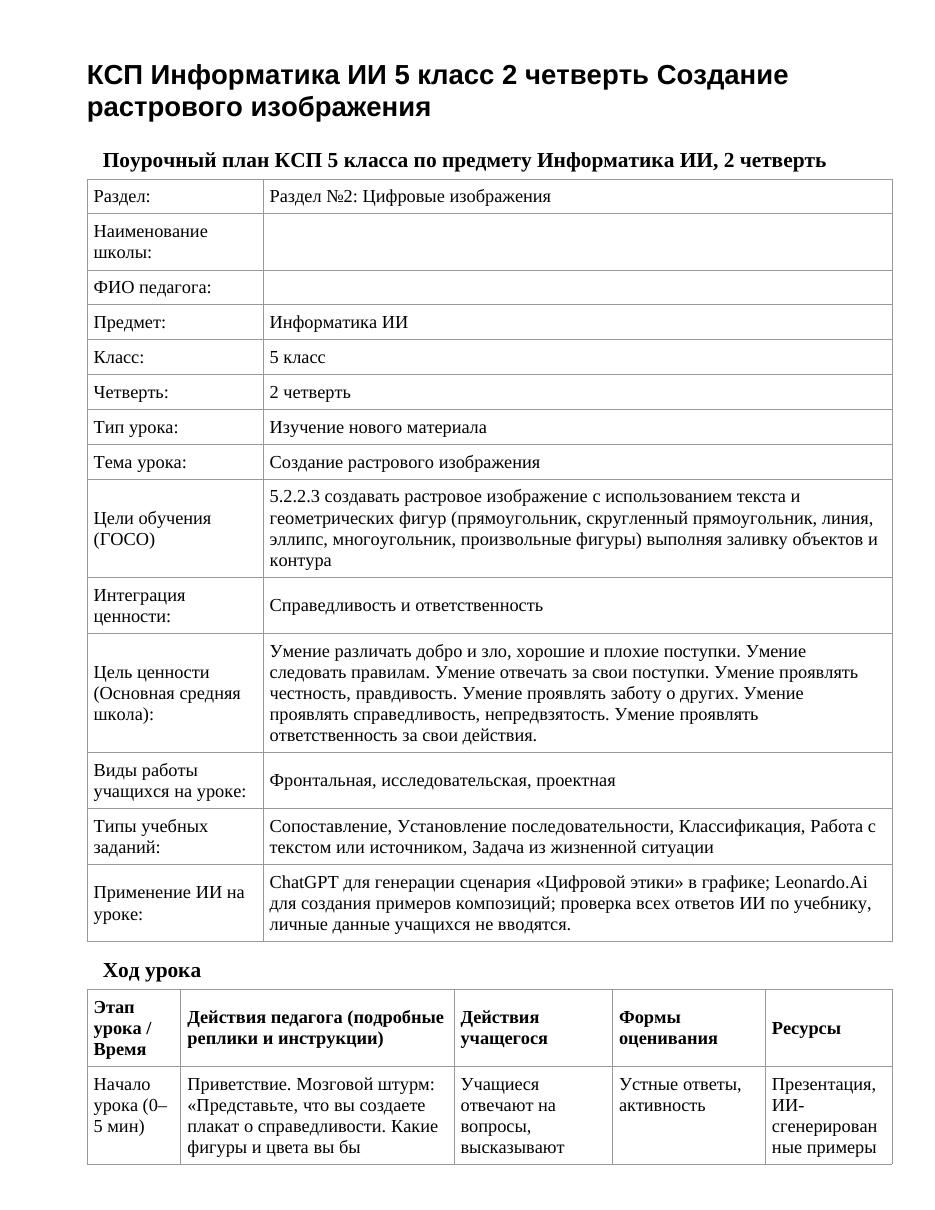 КСП Информатика ИИ 5 класс 2 четверть Создание растрового изображения