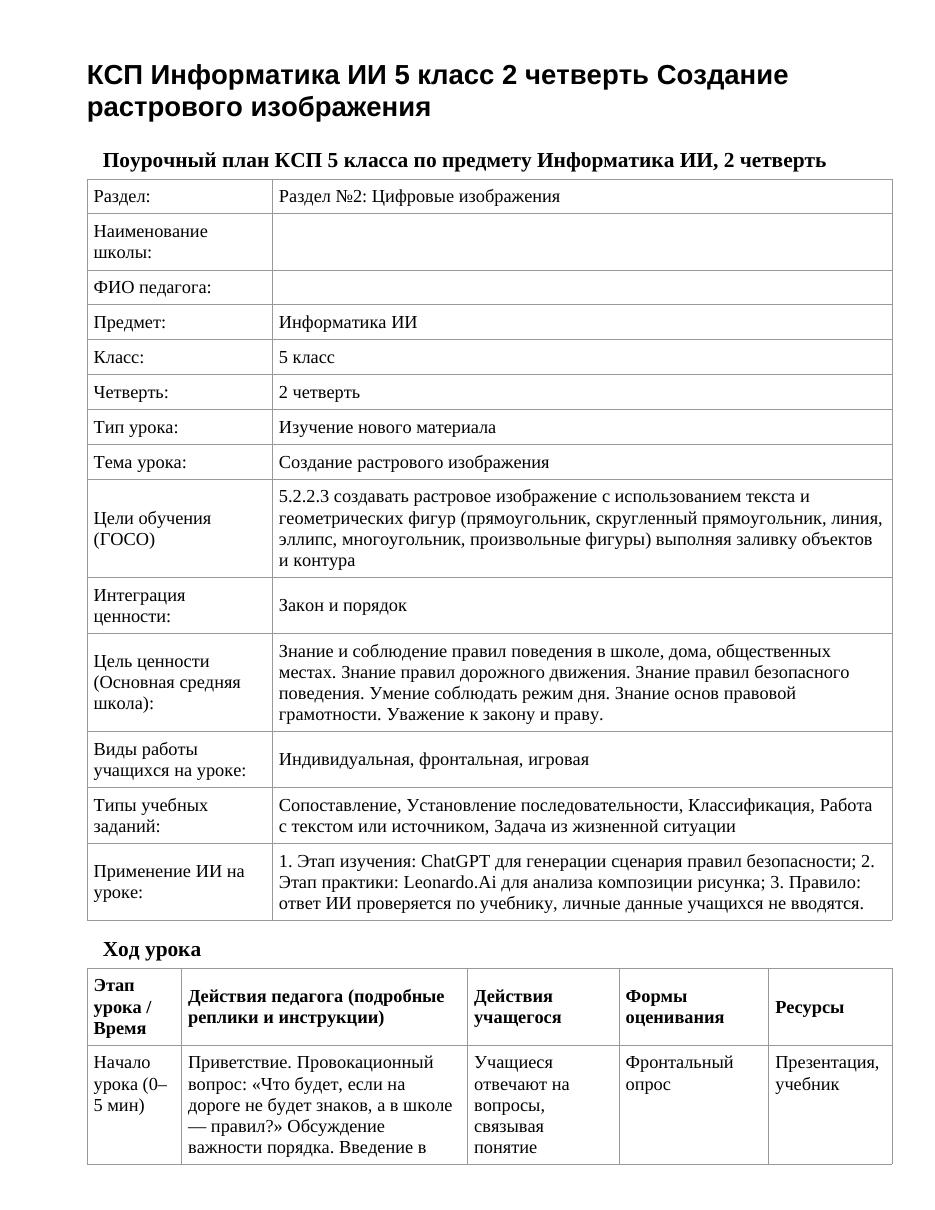 КСП Информатика ИИ 5 класс 2 четверть Создание растрового изображения