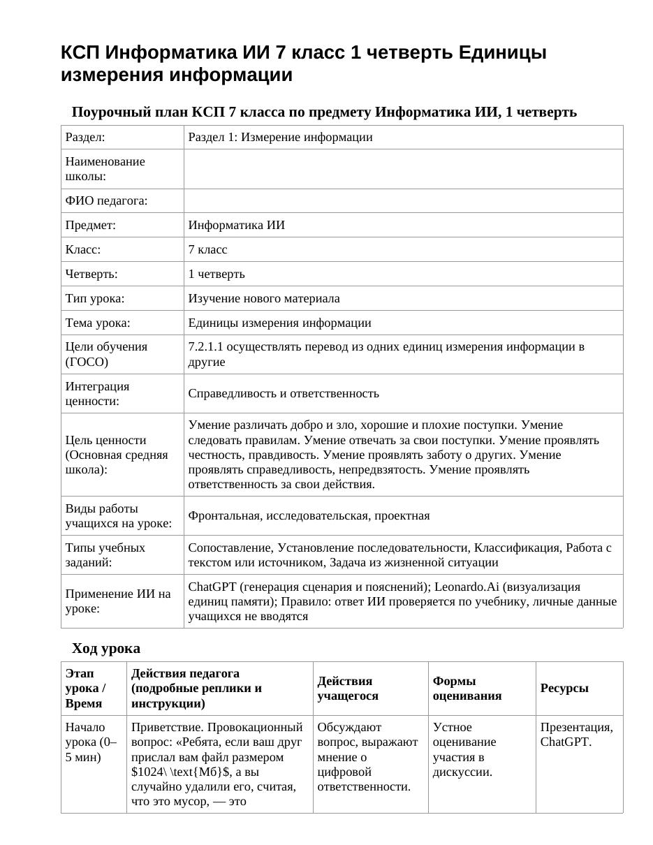 КСП Информатика ИИ 7 класс 1 четверть Единицы измерения информации