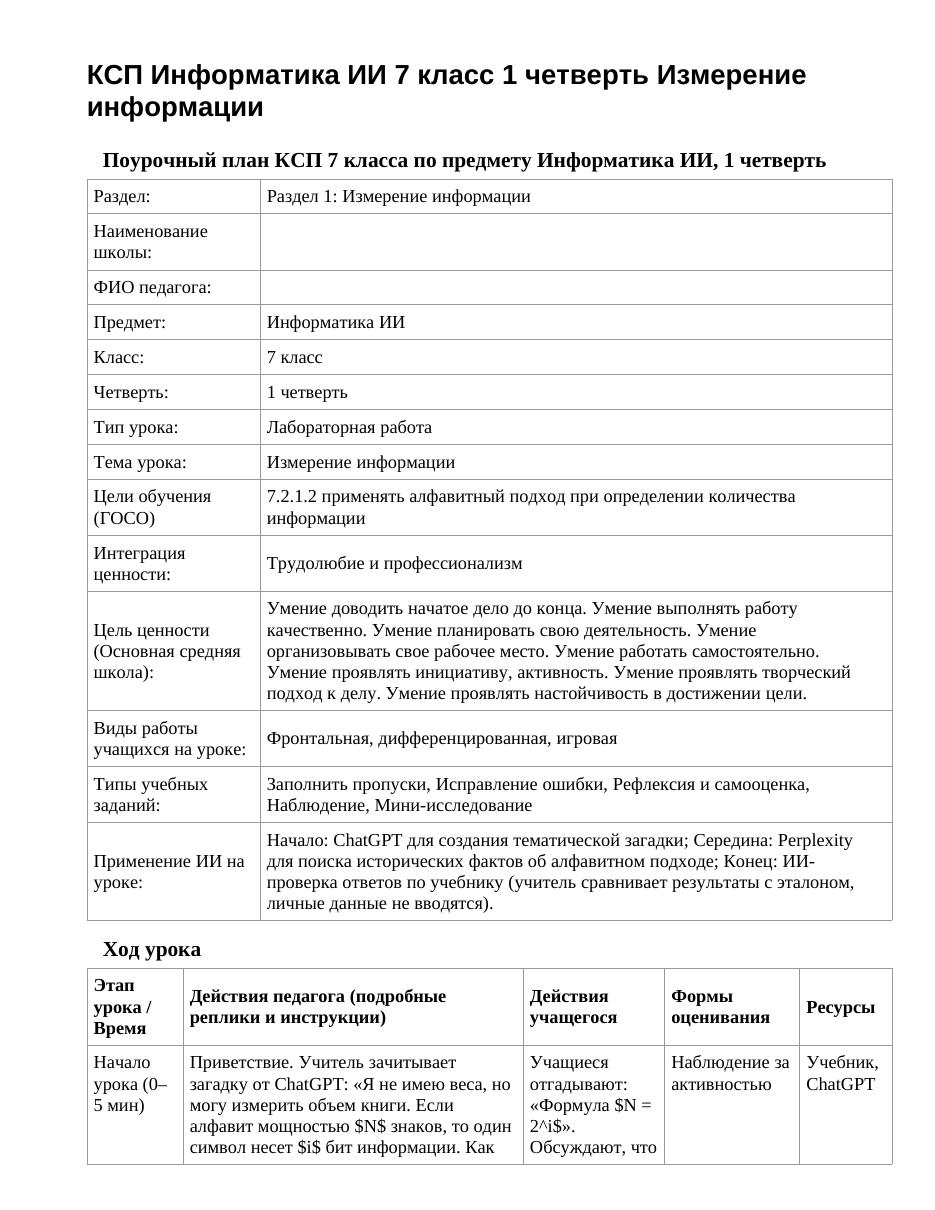 КСП Информатика ИИ 7 класс 1 четверть Измерение информации