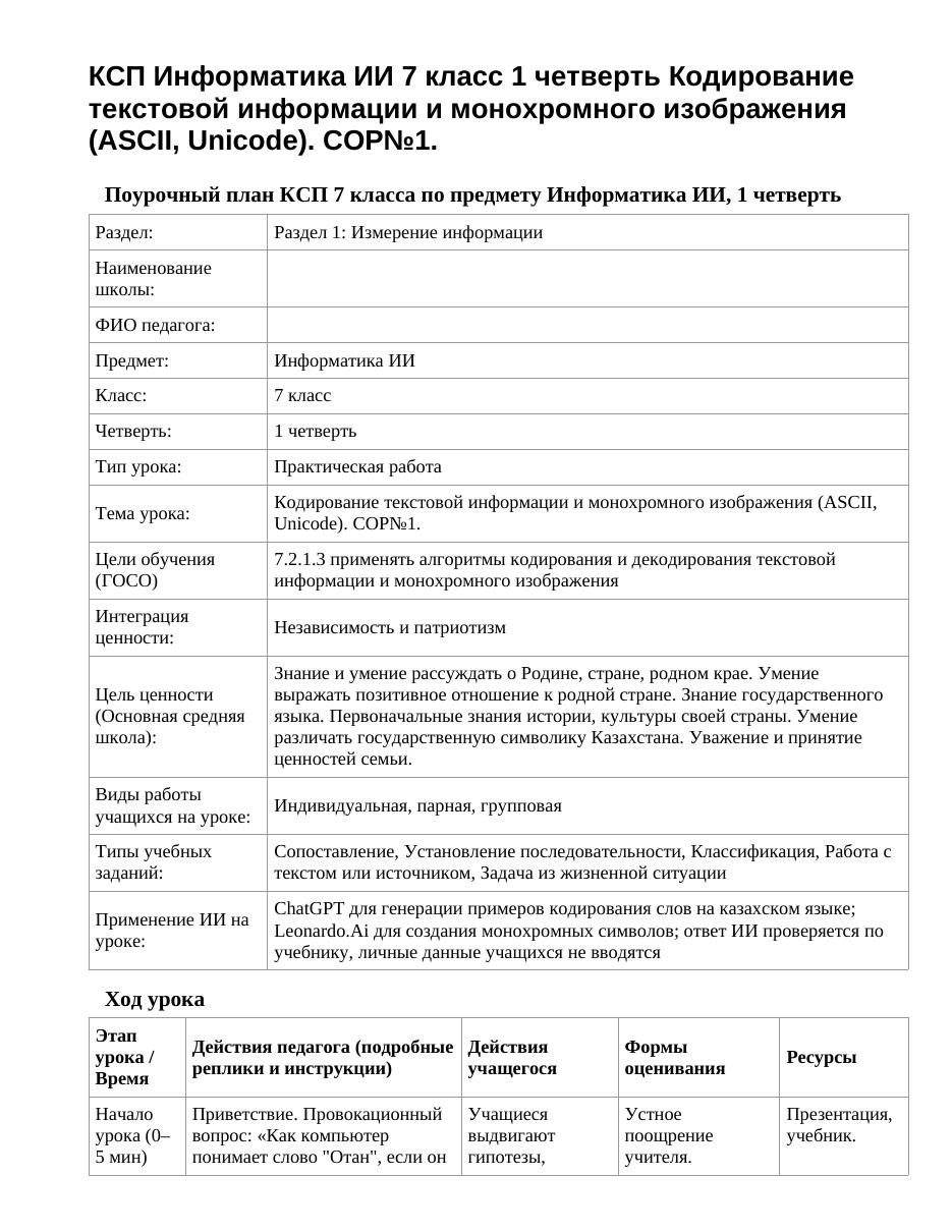 КСП Информатика ИИ 7 класс 1 четверть Кодирование текстовой информации и монохромного изображения (ASCII, Unicode). СОР№1.