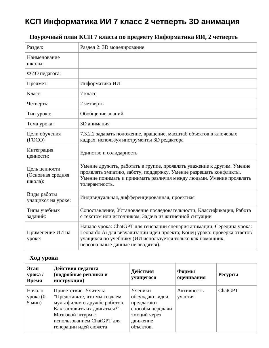 КСП Информатика ИИ 7 класс 2 четверть 3D анимация