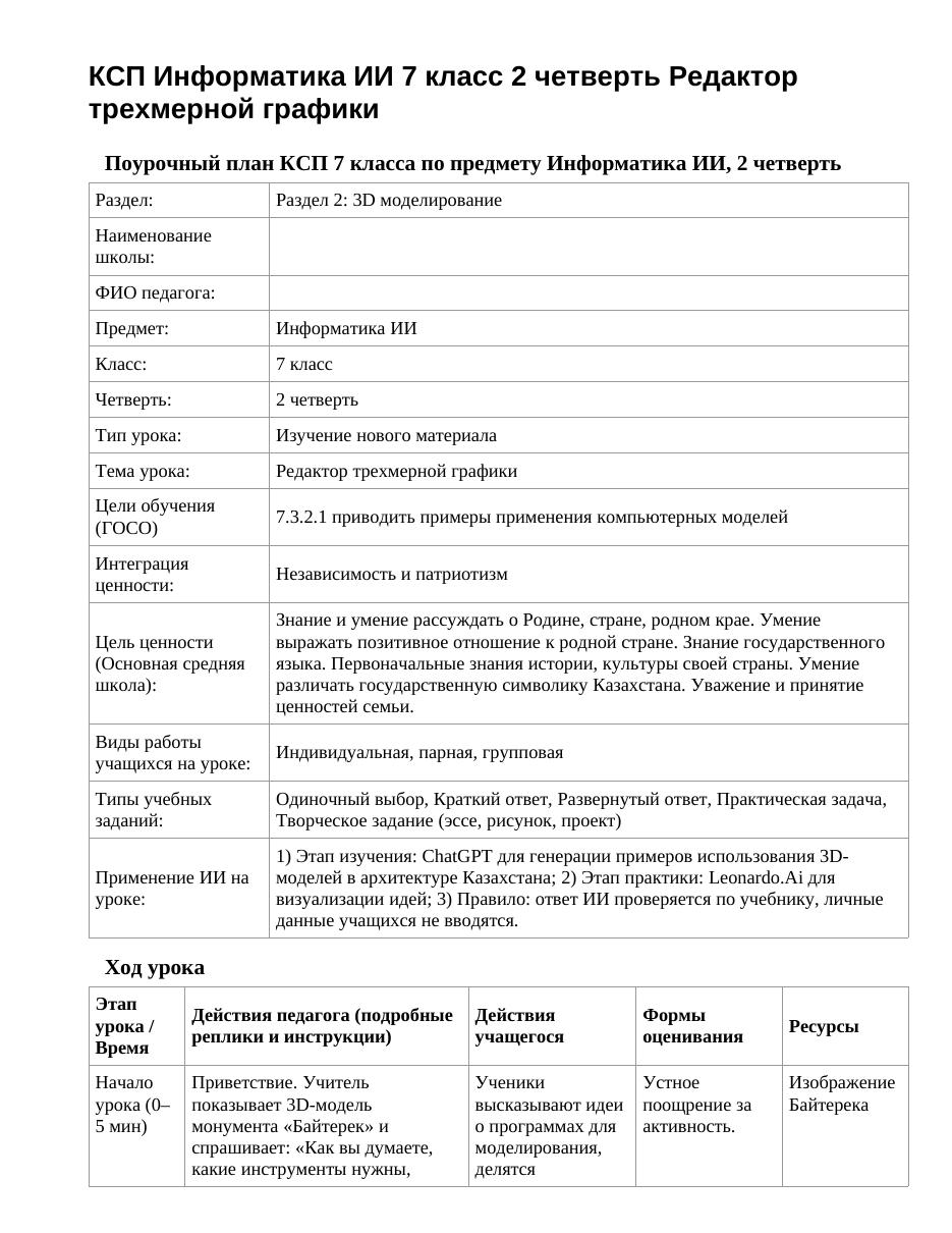 КСП Информатика ИИ 7 класс 2 четверть Редактор трехмерной графики
