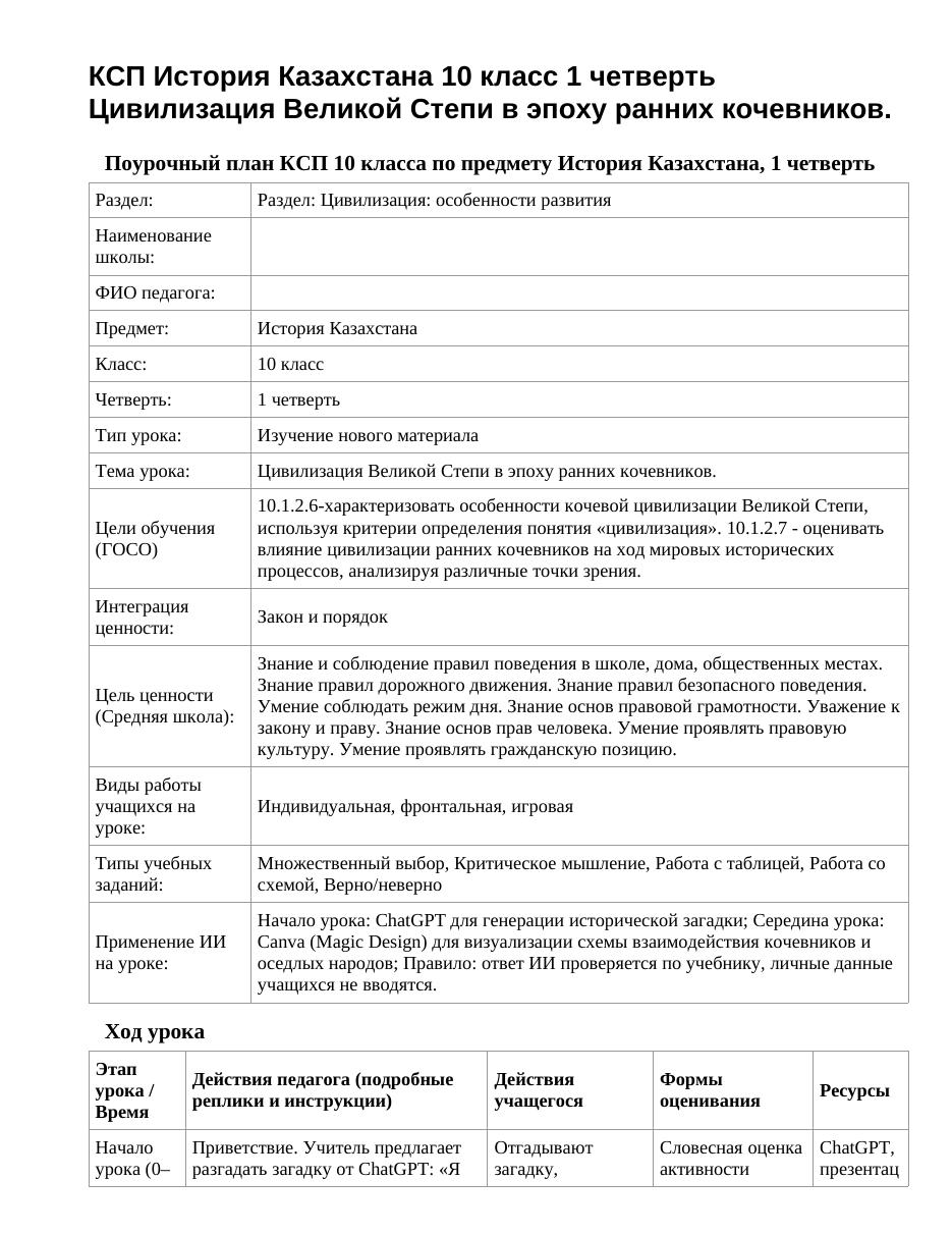 КСП История Казахстана 10 класс 1 четверть Цивилизация Великой Степи в эпоху ранних кочевников.