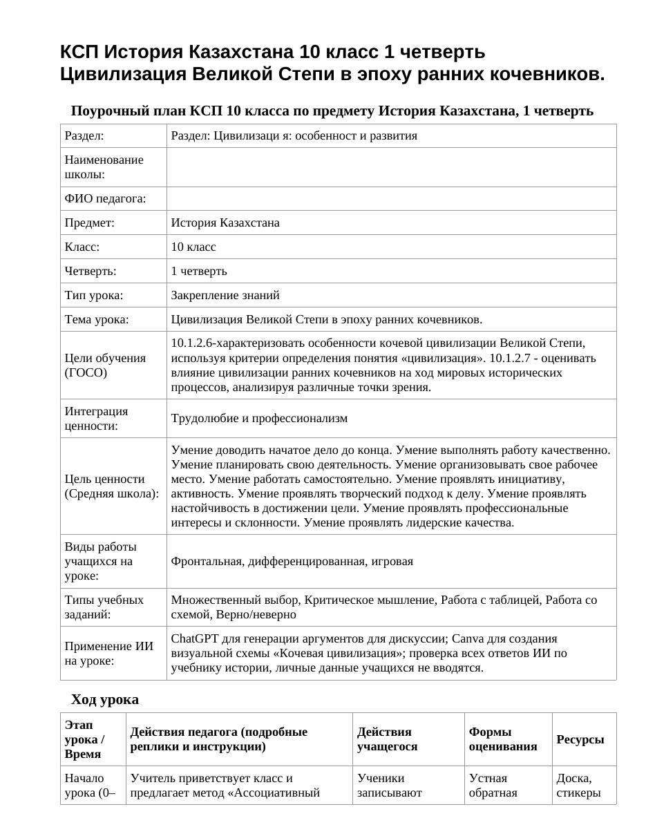КСП История Казахстана 10 класс 1 четверть Цивилизация Великой Степи в эпоху ранних кочевников.