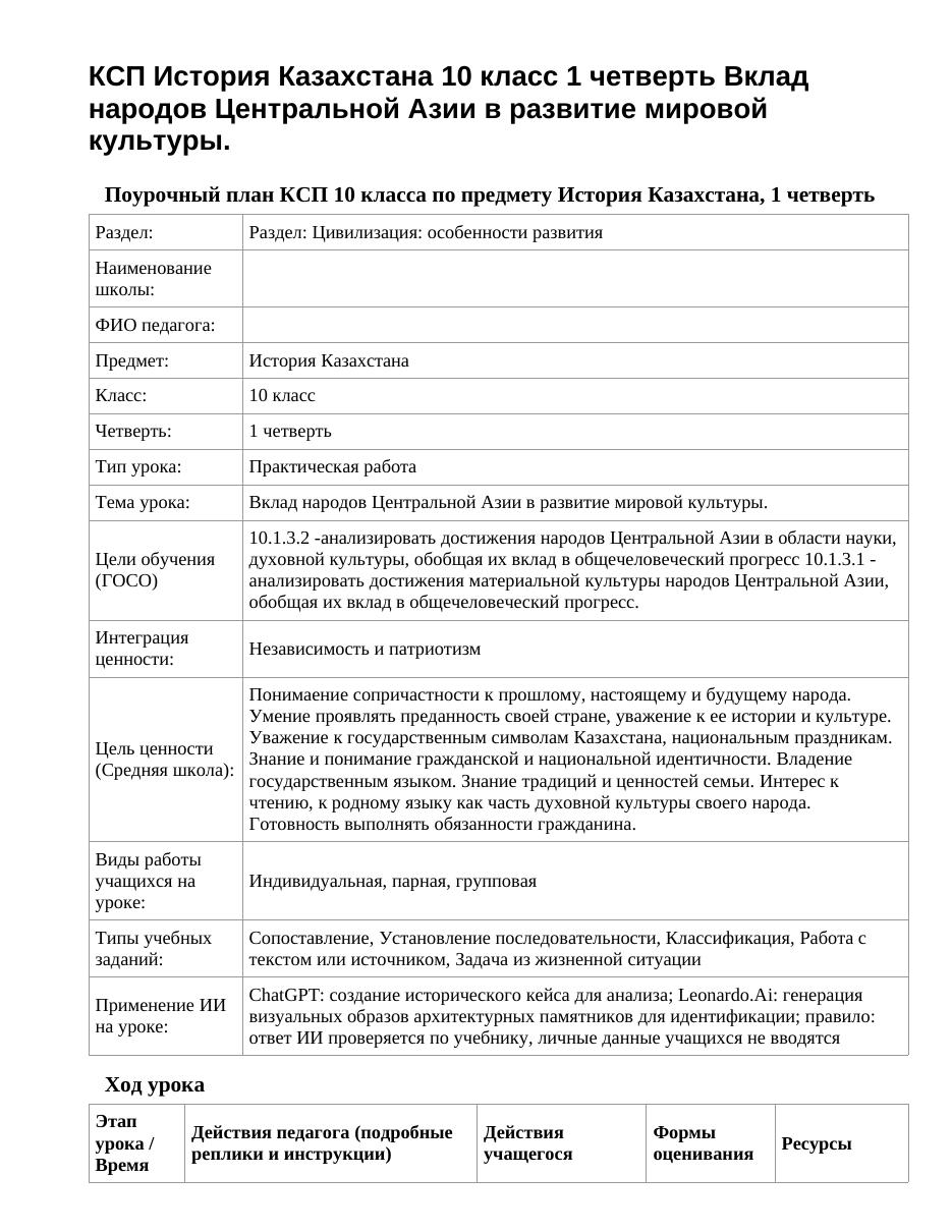 КСП История Казахстана 10 класс 1 четверть Вклад народов Центральной Азии в развитие мировой культуры.