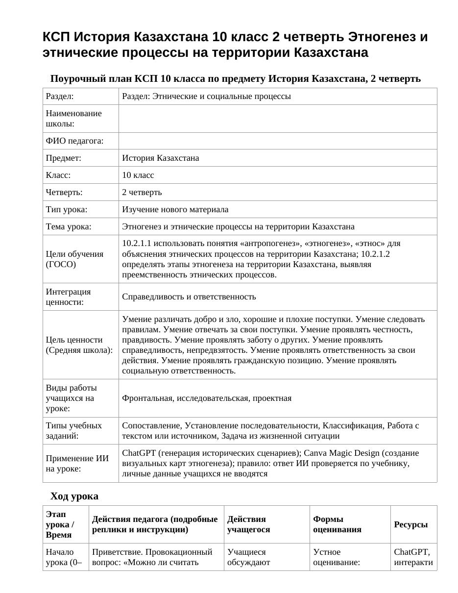 КСП История Казахстана 10 класс 2 четверть Этногенез и этнические процессы на территории Казахстана