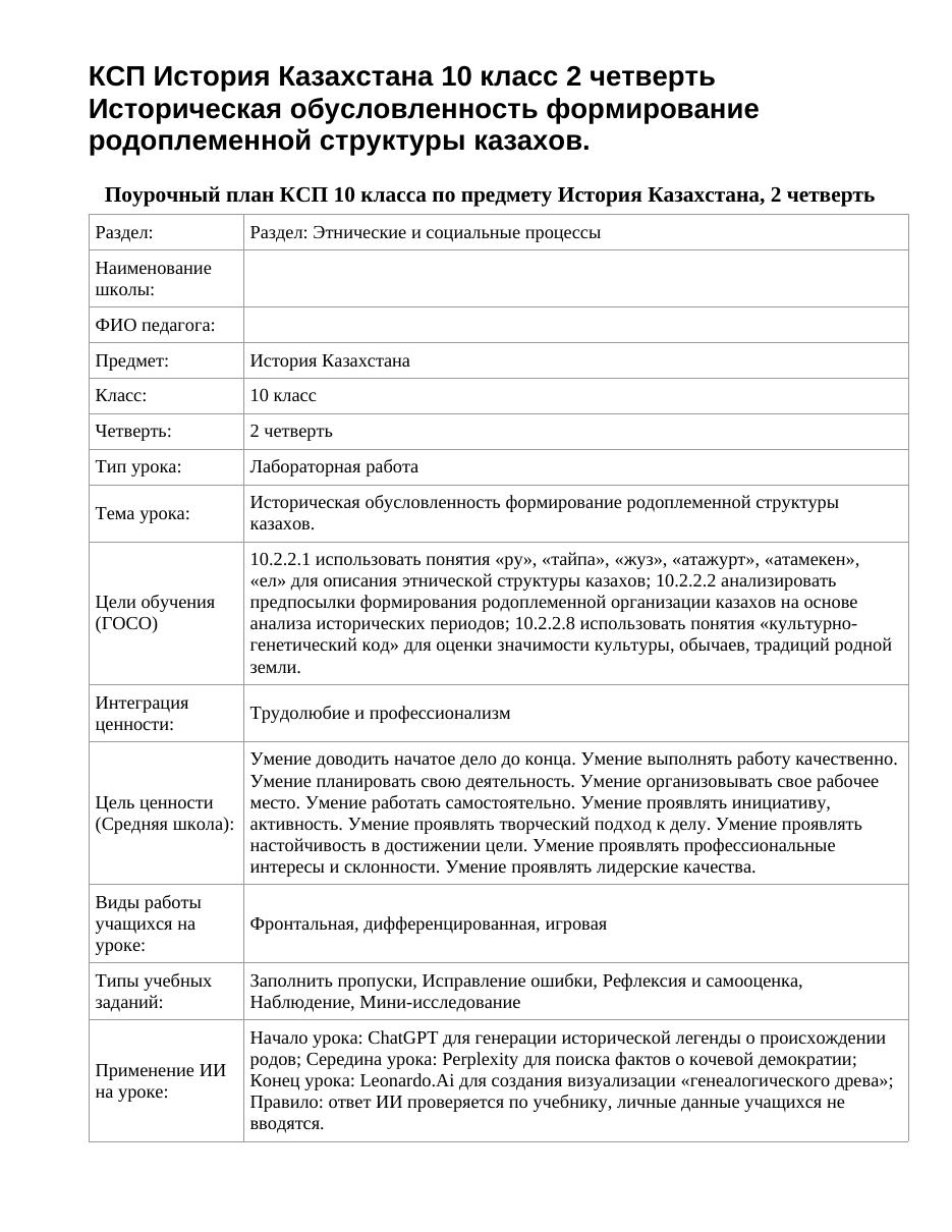 КСП История Казахстана 10 класс 2 четверть Историческая обусловленность формирование родоплеменной структуры казахов.