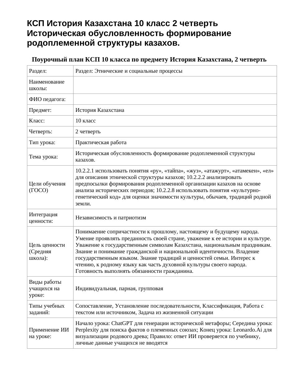 КСП История Казахстана 10 класс 2 четверть Историческая обусловленность формирование родоплеменной структуры казахов.
