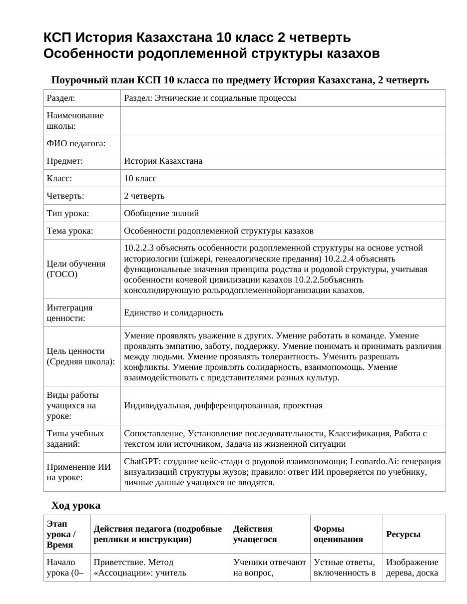 КСП История Казахстана 10 класс 2 четверть Особенности родоплеменной структуры казахов