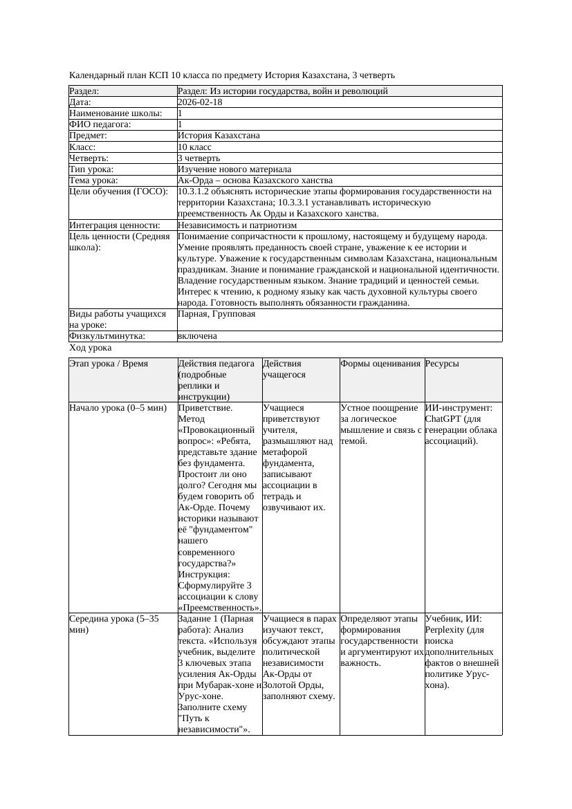 КСП История Казахстана 10класс 3 четверть Ак Орда основа Казахского