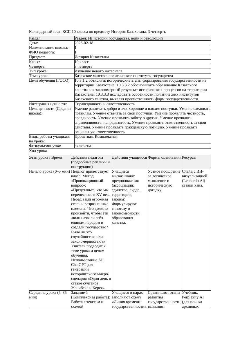 КСП История Казахстана 10класс 3 четверть Казахское ханство политические