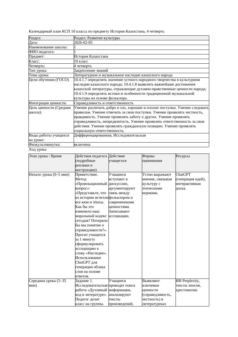 КСП История Казахстана 10класс 4четверть Литературное и музыкальное