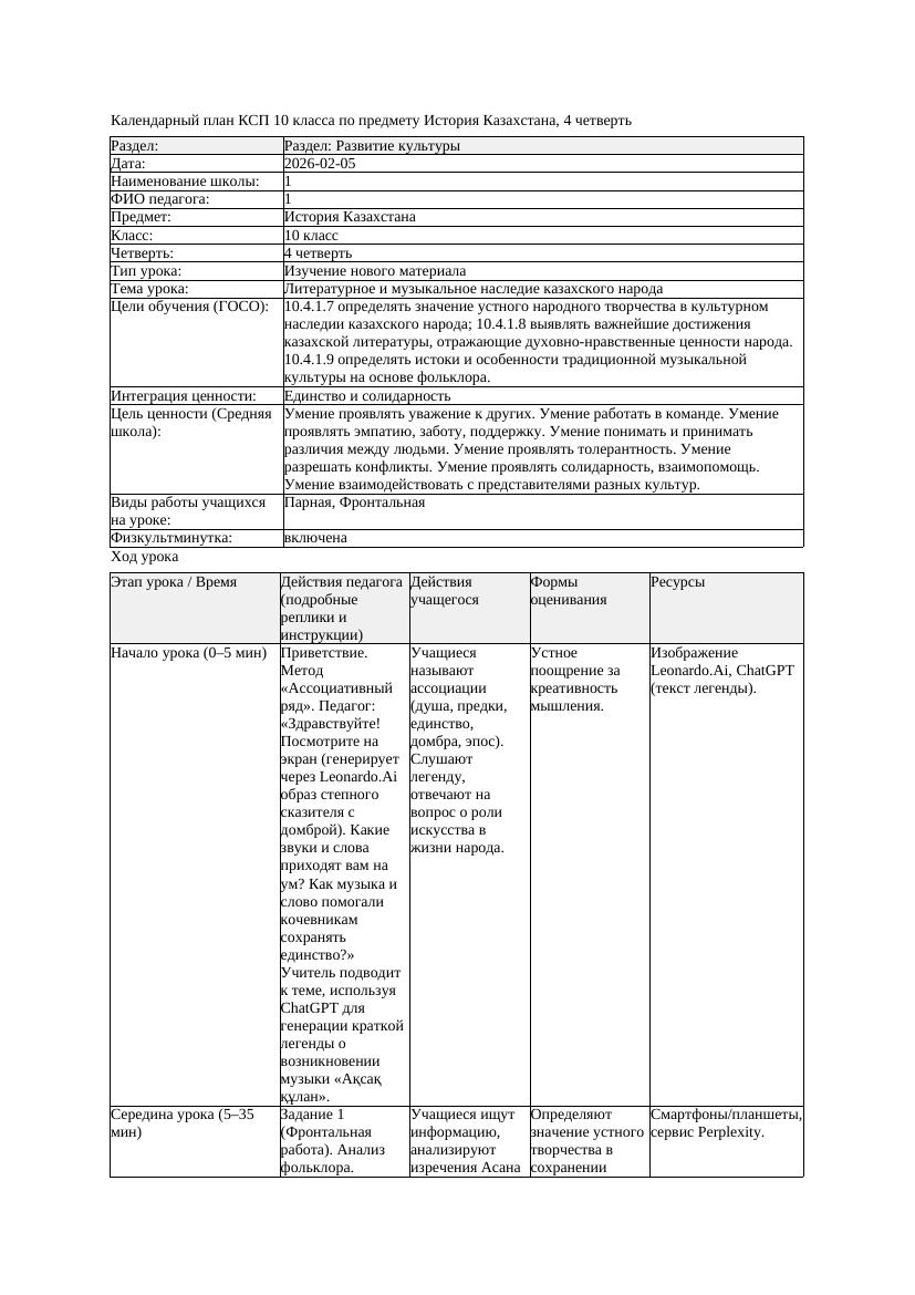КСП История Казахстана 10класс 4четверть Литературное и музыкальное