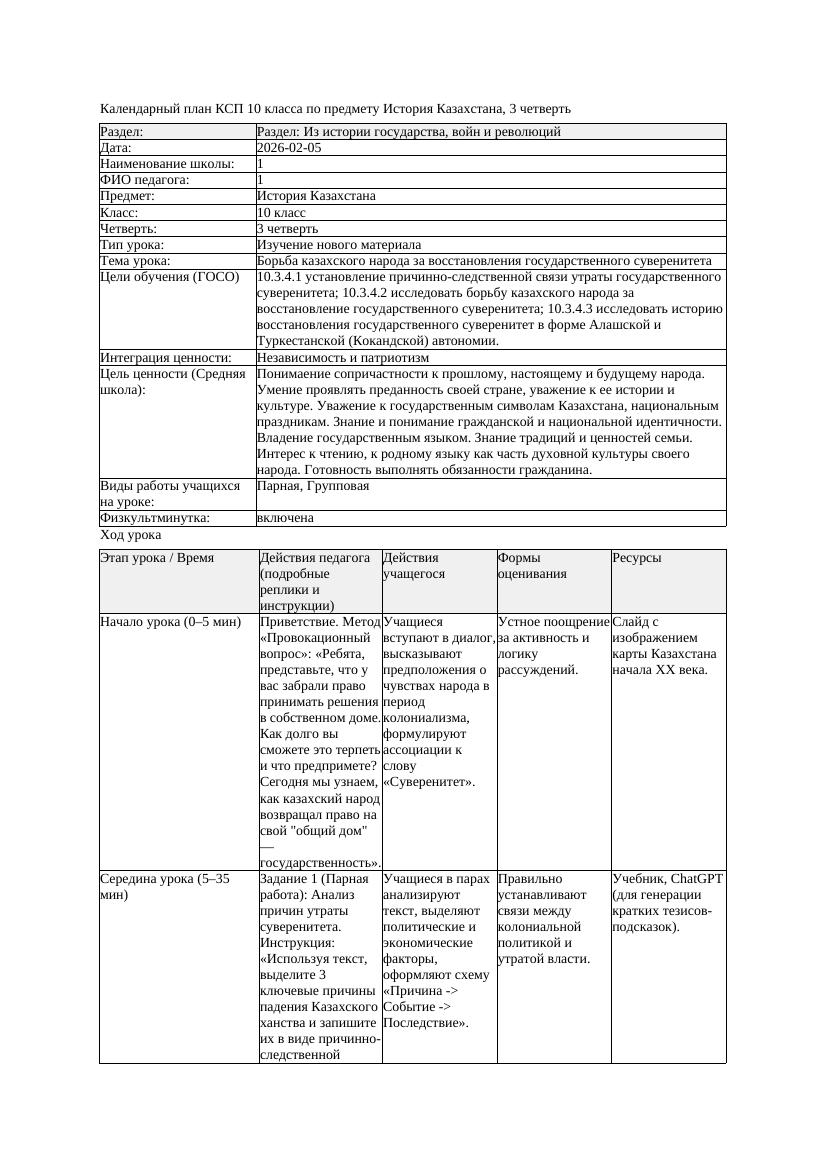 КСП История Казахстана 10класс ЕМН 3четверть Борьба казахского народа