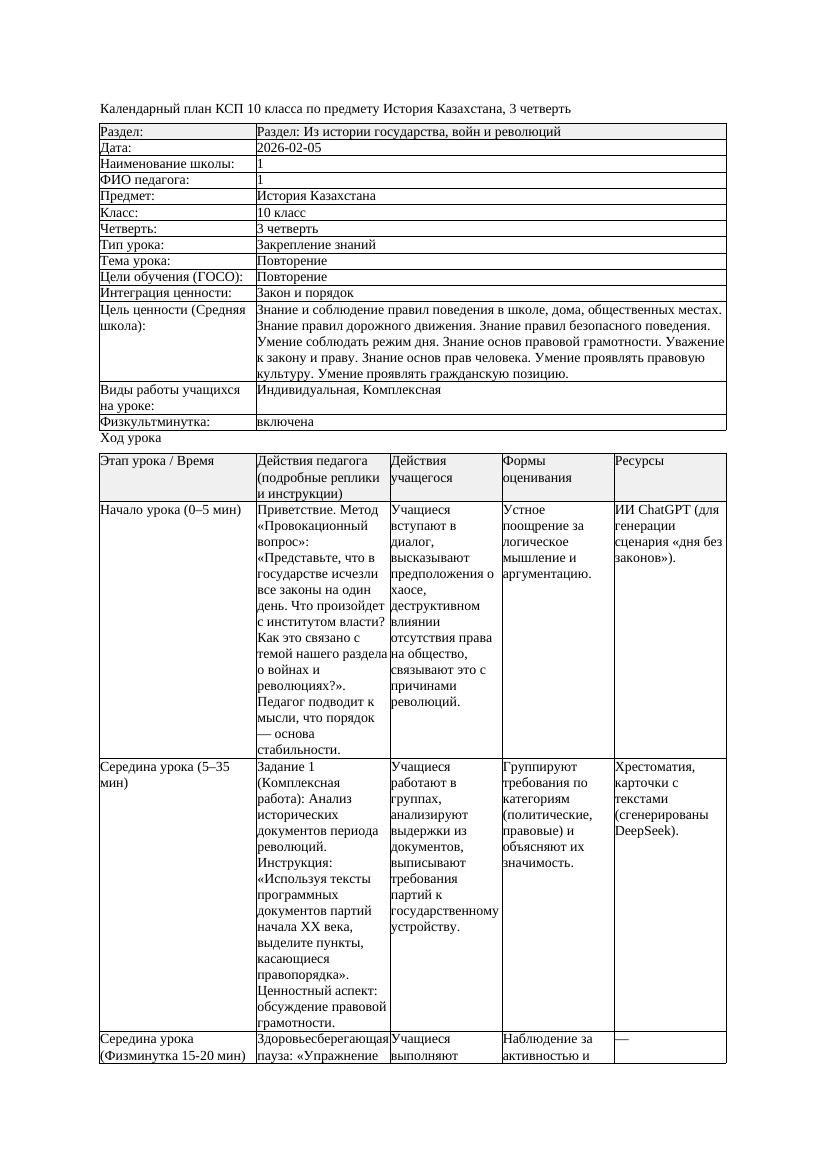 КСП История Казахстана 10класс ЕМН 3четверть Повторение docx