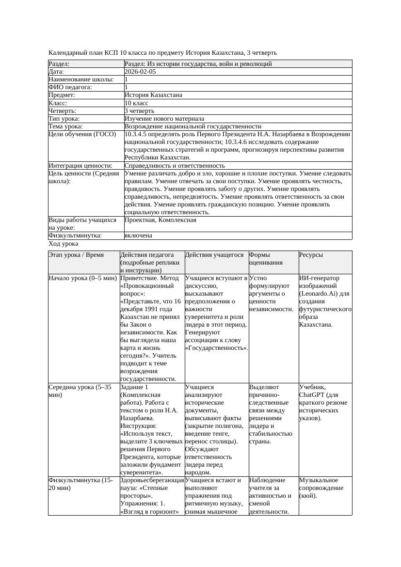 КСП История Казахстана 10класс ЕМН 3четверть Возрождение национальной