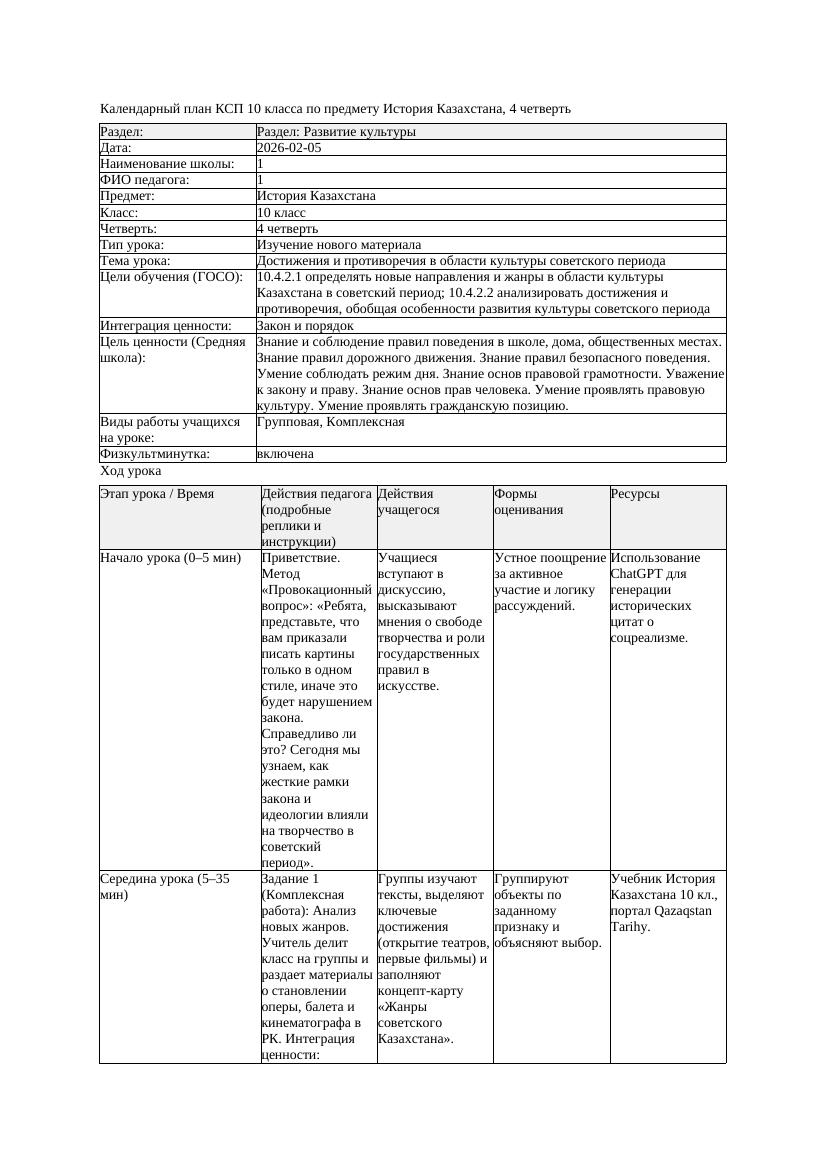 КСП История Казахстана 10класс ЕМН 4четверть Достижения и противоречия