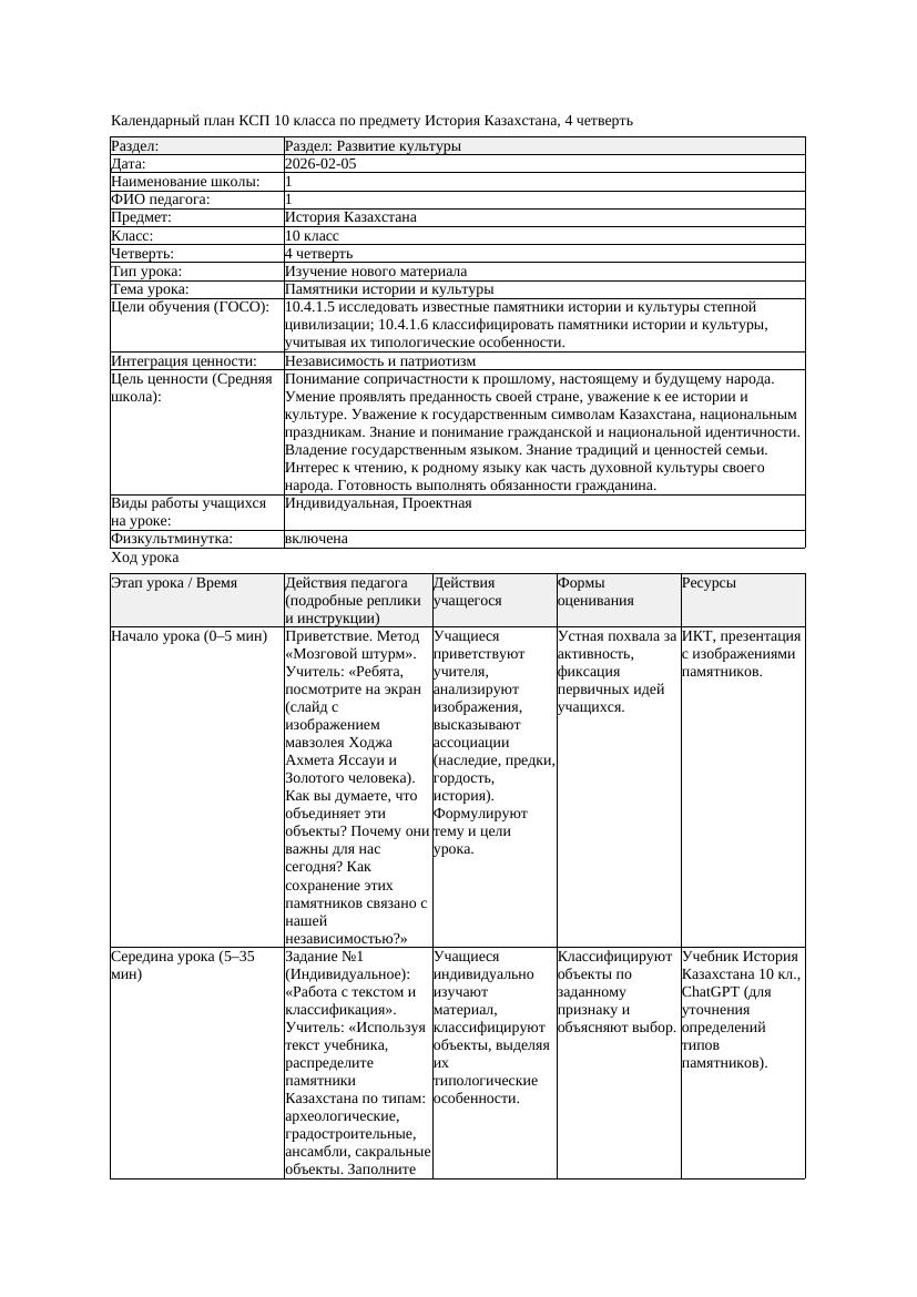 КСП История Казахстана 10класс ОГН 4четверть Памятники истории и